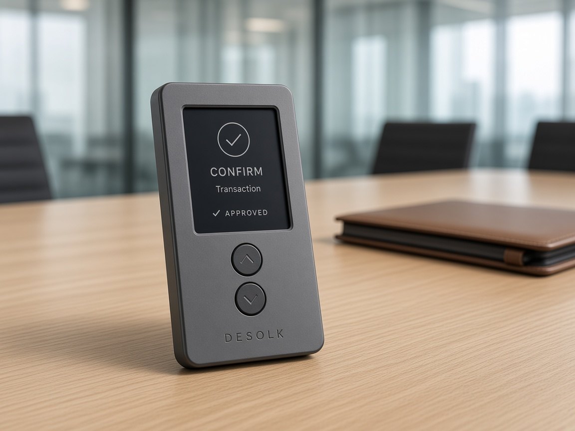 DESOLK hardware wallet standing on a pale oak conference table