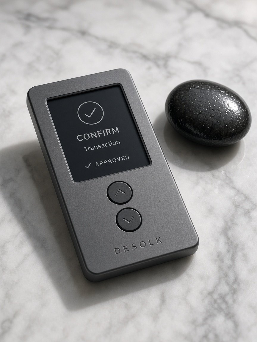 DESOLK hardware wallet on Carrara marble beside a dark river stone, confirming a transaction