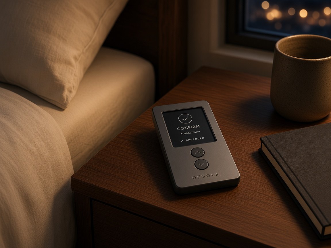 DESOLK hardware wallet on a walnut night table beside a journal and cup