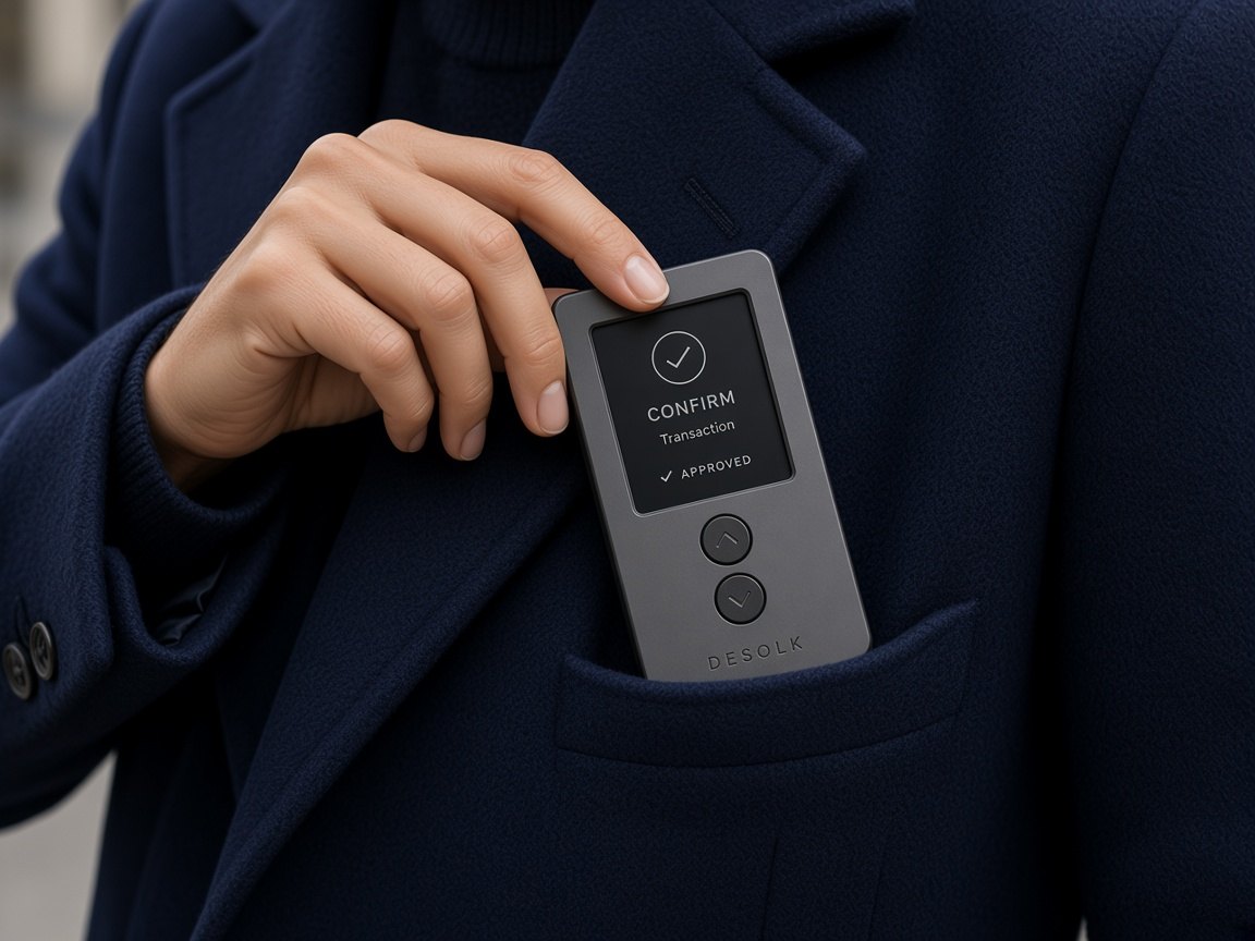 DESOLK hardware wallet slipping into a navy coat pocket