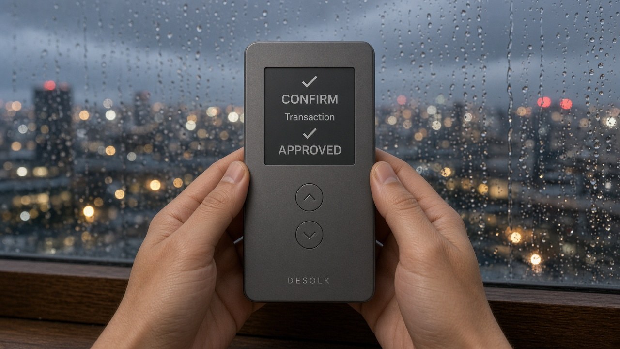 Hands holding the DESOLK hardware wallet at a rain-streaked city window at dusk
